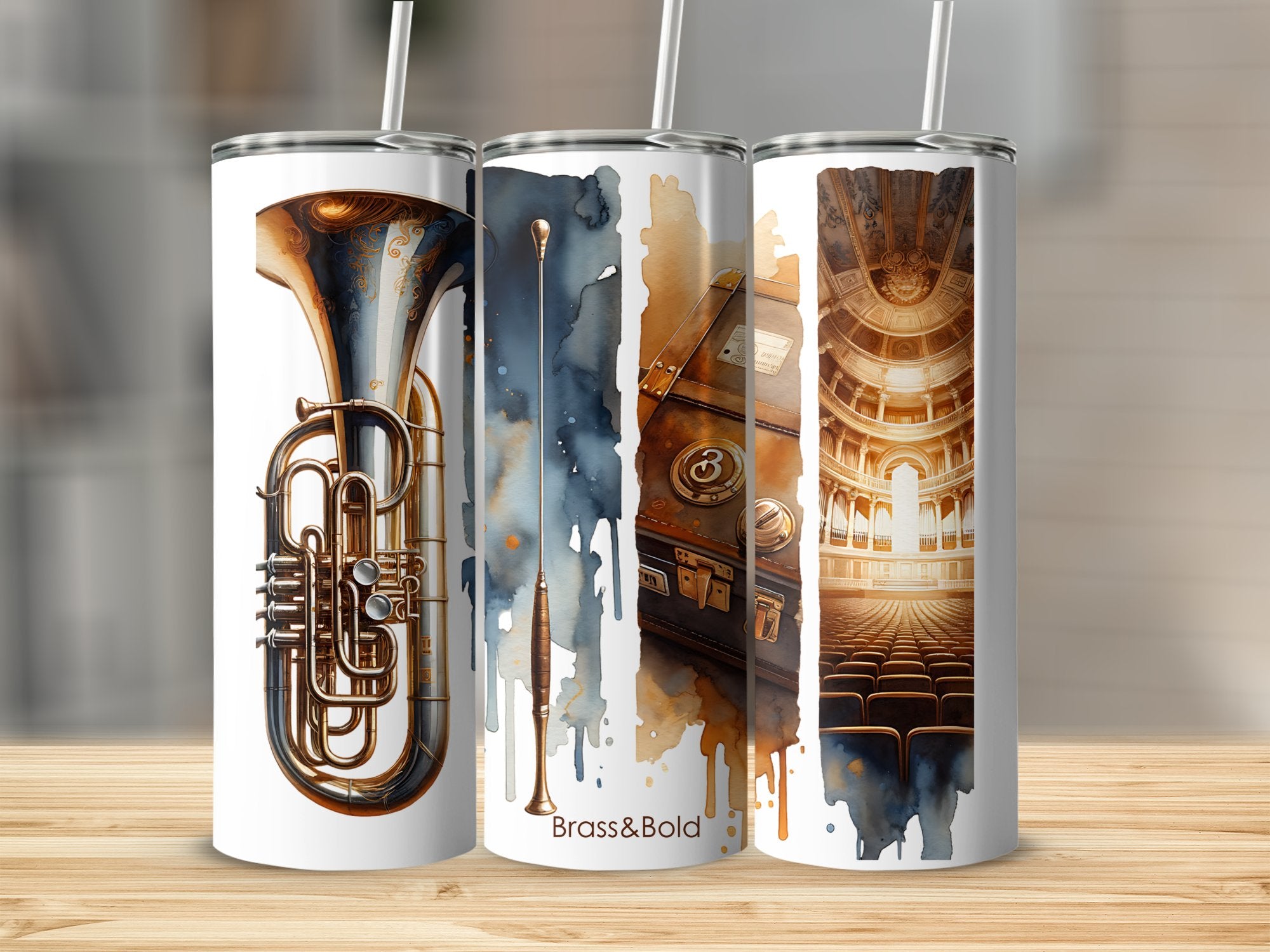 Unique Music Themed Tumblers, Brass Instruments, Piano, Theater Design, Stainless Steel, Gift for Musicians, 20 oz