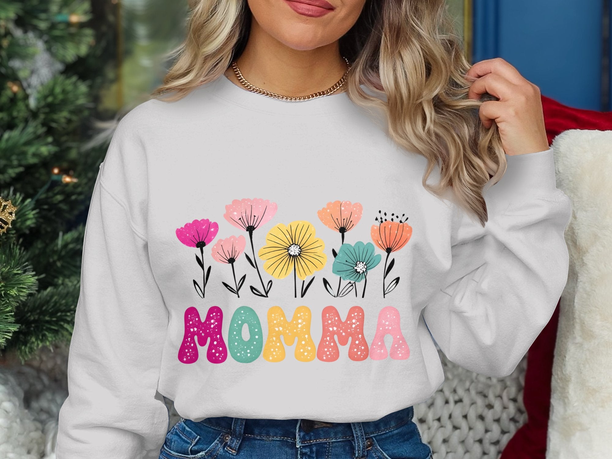 Momma Floral Graphic Sweatshirt, Colorful Spring Flowers Design, Women's Casual Pullover, Cozy Winter Fashion Top
