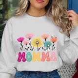 Momma Floral Graphic Sweatshirt, Colorful Spring Flowers Design, Women's Casual Pullover, Cozy Winter Fashion Top
