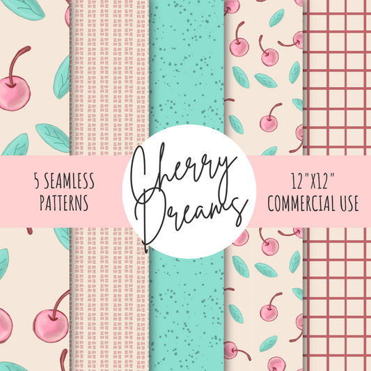 Cherry Blossom Dreams Watercolor Seamless Pattern Collection | Cherries, Plaid, Polka Dots & Basket Weave Designs for Fabric & Wallpaper