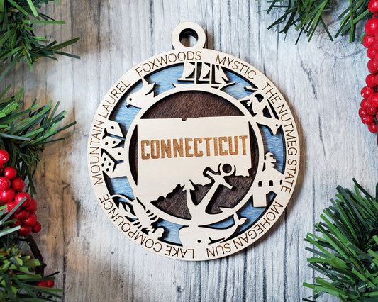 Connecticut State Ornament – 3.25” Round Laser Cut Christmas Decoration | Nutmeg State Gift for Travelers, Locals, & New England Lovers