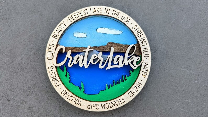 Crater Lake National Park Hand-Painted Wooden Ornament - 3.5 Inch Round