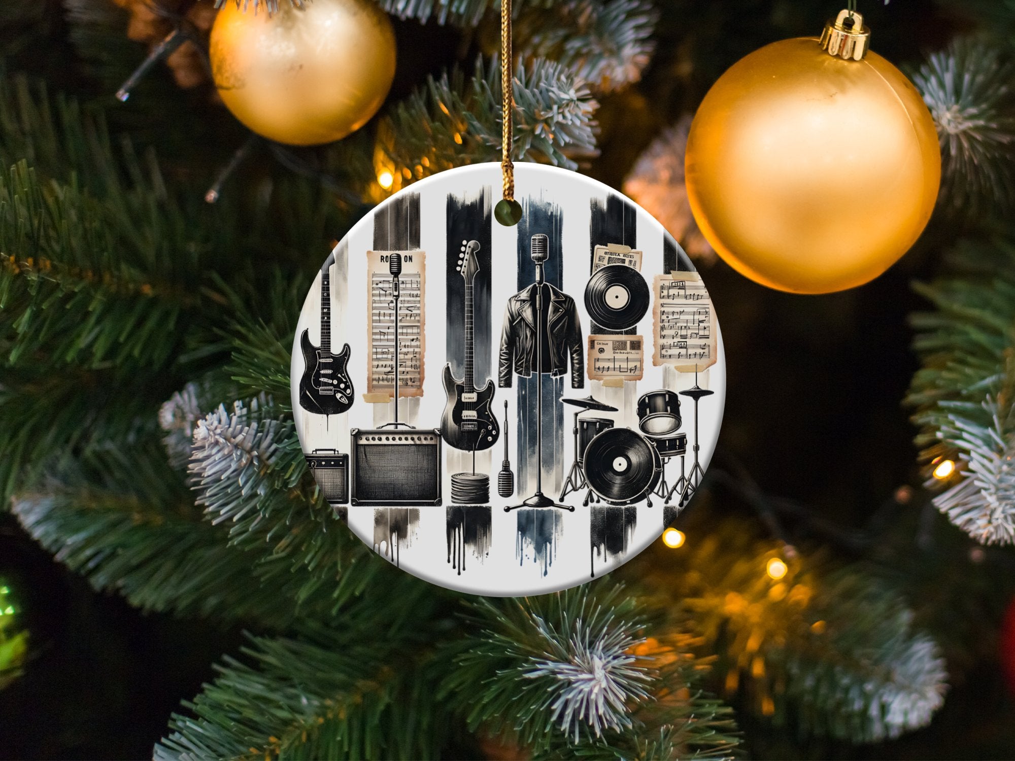 Vintage Music Instruments Christmas Ornament, Round Ceramic Holiday Decoration, Guitar Drums Gifts for Musicians