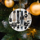 Vintage Music Instruments Christmas Ornament, Round Ceramic Holiday Decoration, Guitar Drums Gifts for Musicians