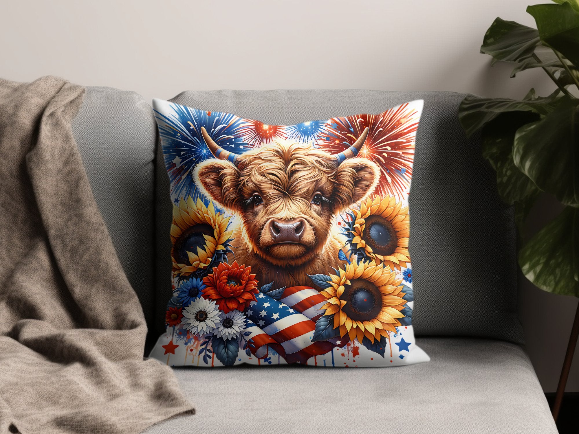 Colorful Highland Cow Cushion, Patriotic American Flag Sunflower Floral Throw Pillow, Decorative Sofa Accent