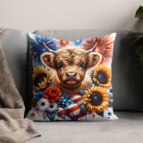 Colorful Highland Cow Cushion, Patriotic American Flag Sunflower Floral Throw Pillow, Decorative Sofa Accent