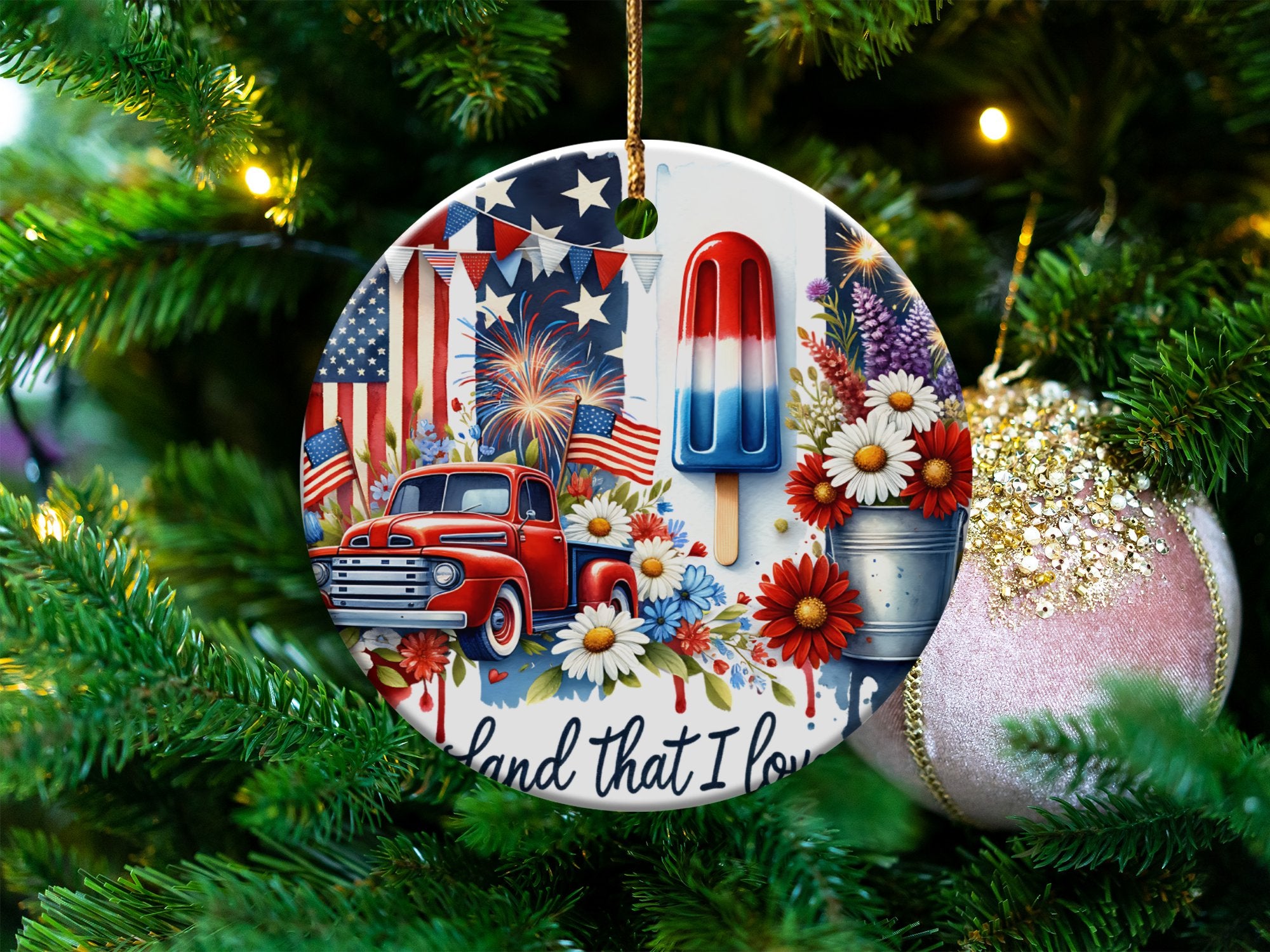 Patriotic Christmas Ornament, American Flag, Vintage Truck Design, Holiday Tree Decoration, Festive Seasonal Decor