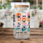 Good Vibes Only Water Bottle, Reusable Glass Container, Floral and Icon Design, Eco-Friendly Drinkware, Gift Idea