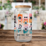 Good Vibes Only Water Bottle, Reusable Glass Container, Floral and Icon Design, Eco-Friendly Drinkware, Gift Idea