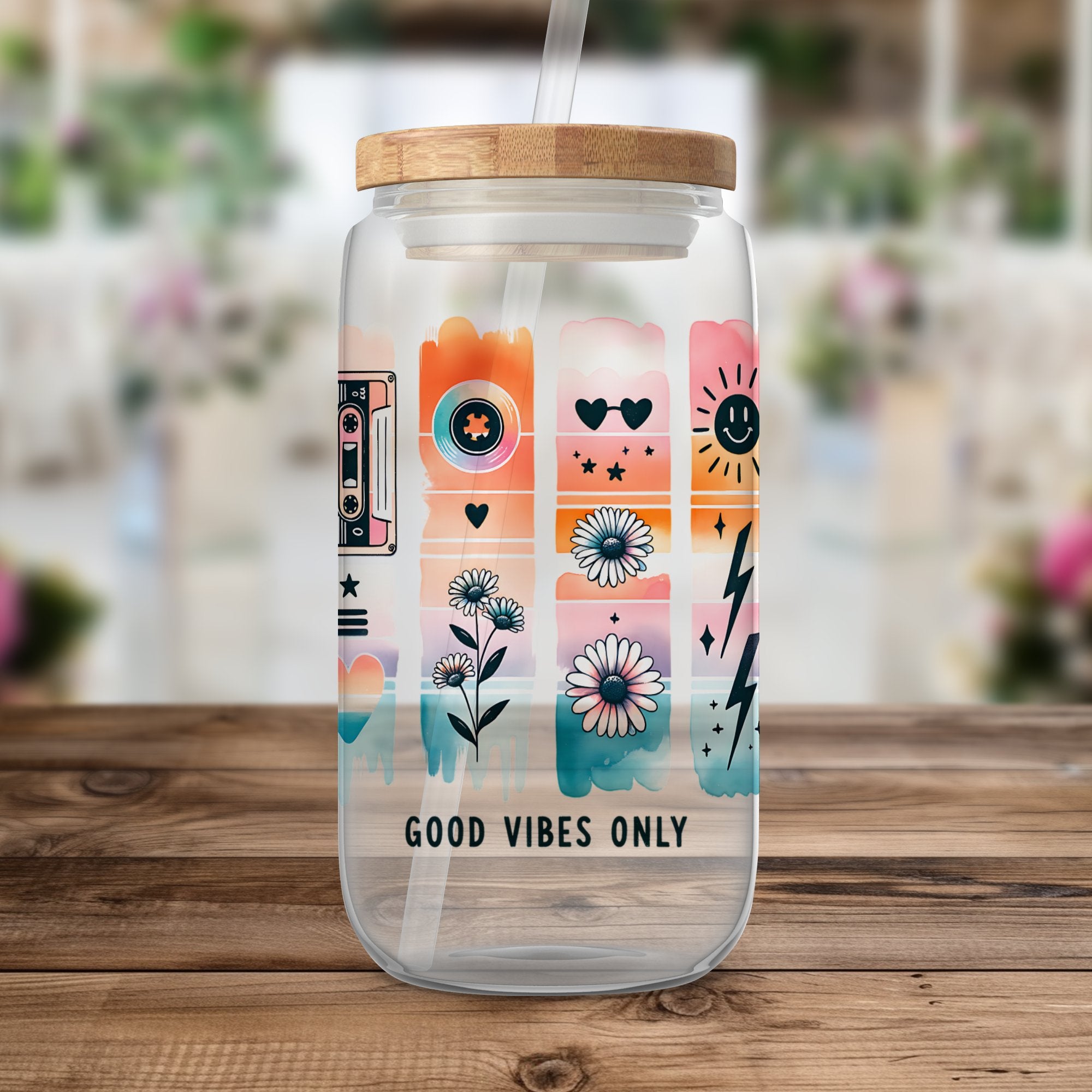 Good Vibes Only Water Bottle, Reusable Glass Container, Floral and Icon Design, Eco-Friendly Drinkware, Gift Idea
