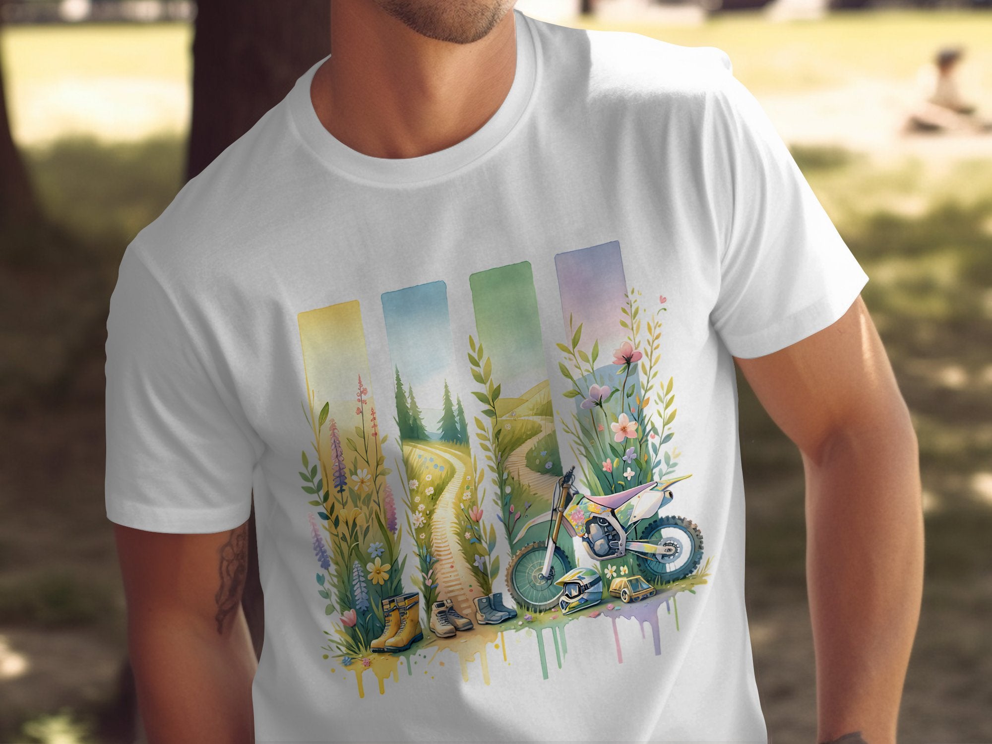 Men's Graphic Tee, Watercolor Motorcycle Design, Nature Inspired T-Shirt, Unique Artistic Print, Casual Wear