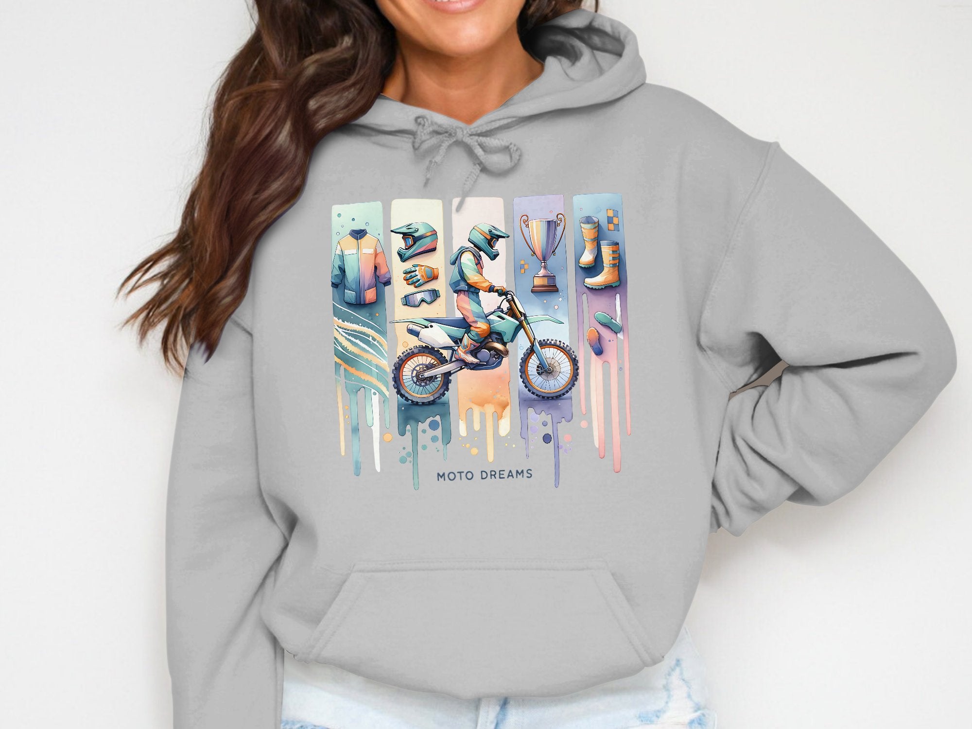 Colorful Moto Dreams Hoodie, Motorcycle Graphic Sweatshirt, Casual Streetwear Pullover, Unisex Hoodie