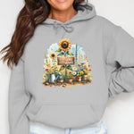 Women's Floral Hoodie with Sunflowers, Garden Tools Graphic, Inspirational Quote, Casual Gray Sweatshirt