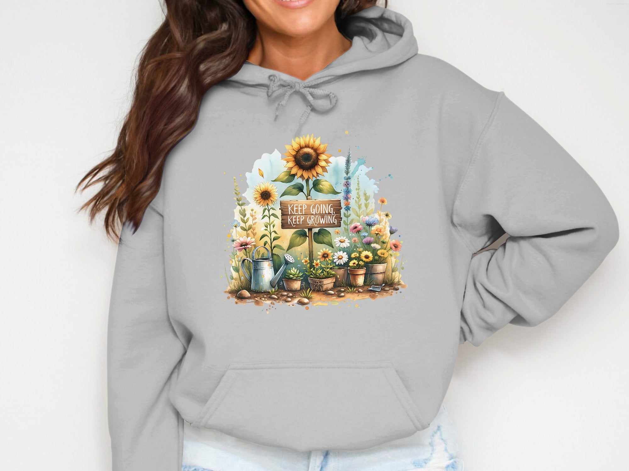 Women's Floral Hoodie with Sunflowers, Garden Tools Graphic, Inspirational Quote, Casual Gray Sweatshirt