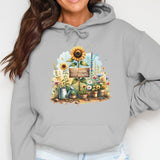 Women's Floral Hoodie with Sunflowers, Garden Tools Graphic, Inspirational Quote, Casual Gray Sweatshirt