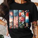 Patriotic T-Shirt USA Flag Fireworks Floral Design Summer Tee 4th of July Celebration Top Comfortable Cotton Unisex Fit