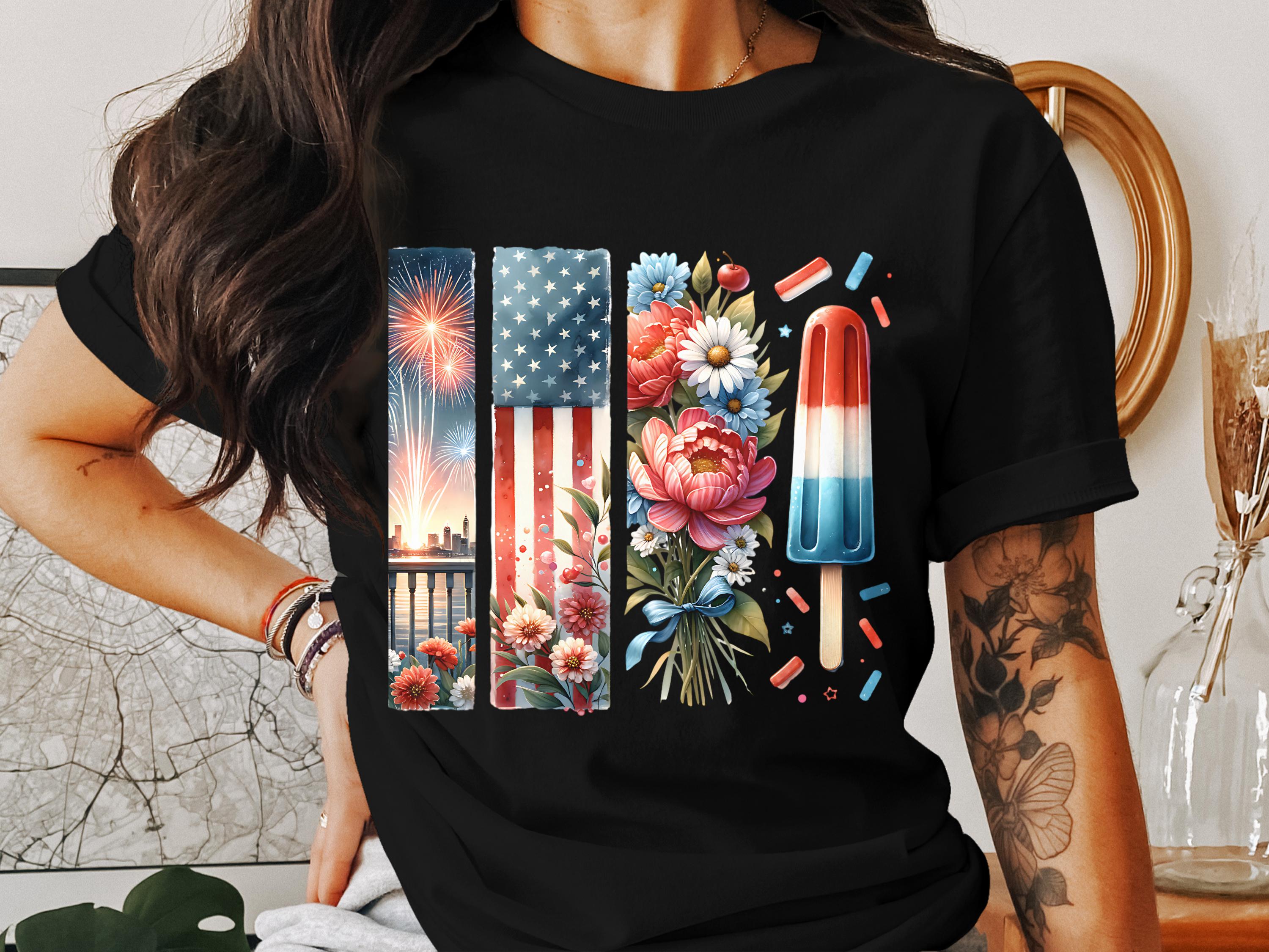 Patriotic T-Shirt USA Flag Fireworks Floral Design Summer Tee 4th of July Celebration Top Comfortable Cotton Unisex Fit