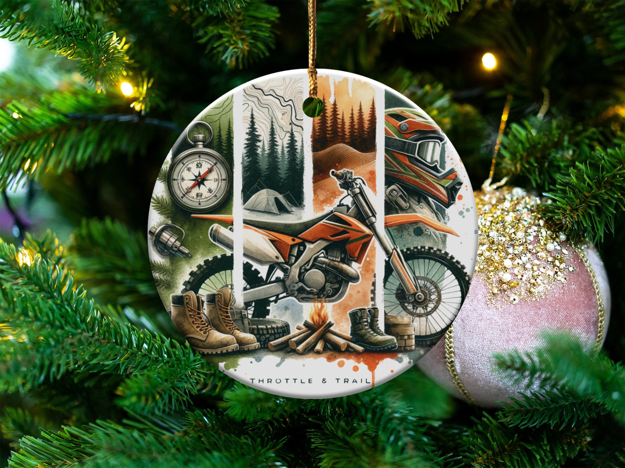 Vintage Motorcycle and Nature-Themed Christmas Ornament, Holiday Tree Decoration, Unique Festive Bauble with Outdoor Adventure Motif