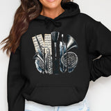 Black Hoodie with Musical Instruments Design, Vintage Sheet Music Graphic, Unisex Sweatshirt, Casual Pullover, Music Lover Gift
