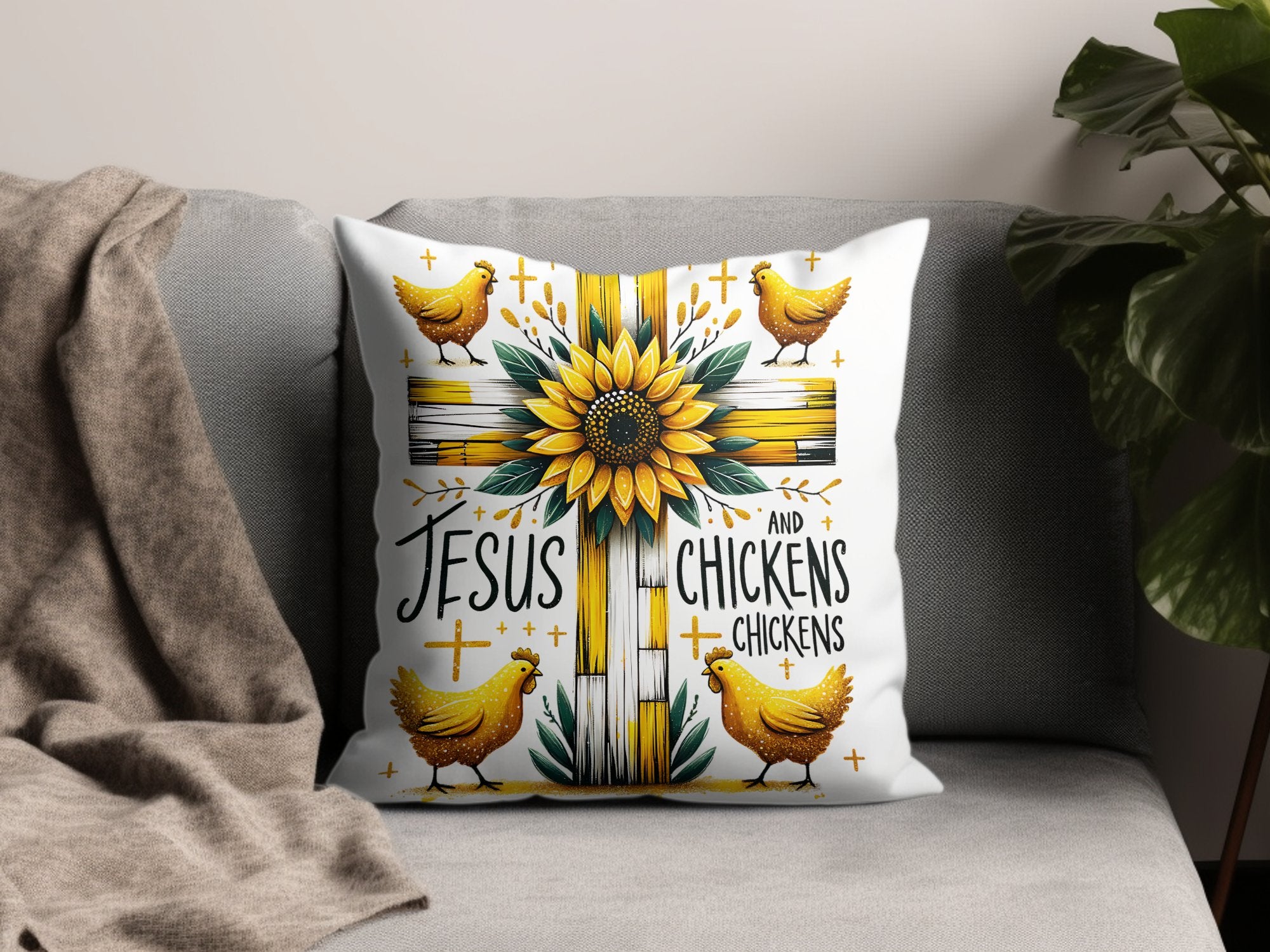 Jesus and Chickens Throw Pillow, Sunflower Christian Home Decor, Modern Farmhouse Style Cushion