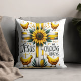 Jesus and Chickens Throw Pillow, Sunflower Christian Home Decor, Modern Farmhouse Style Cushion