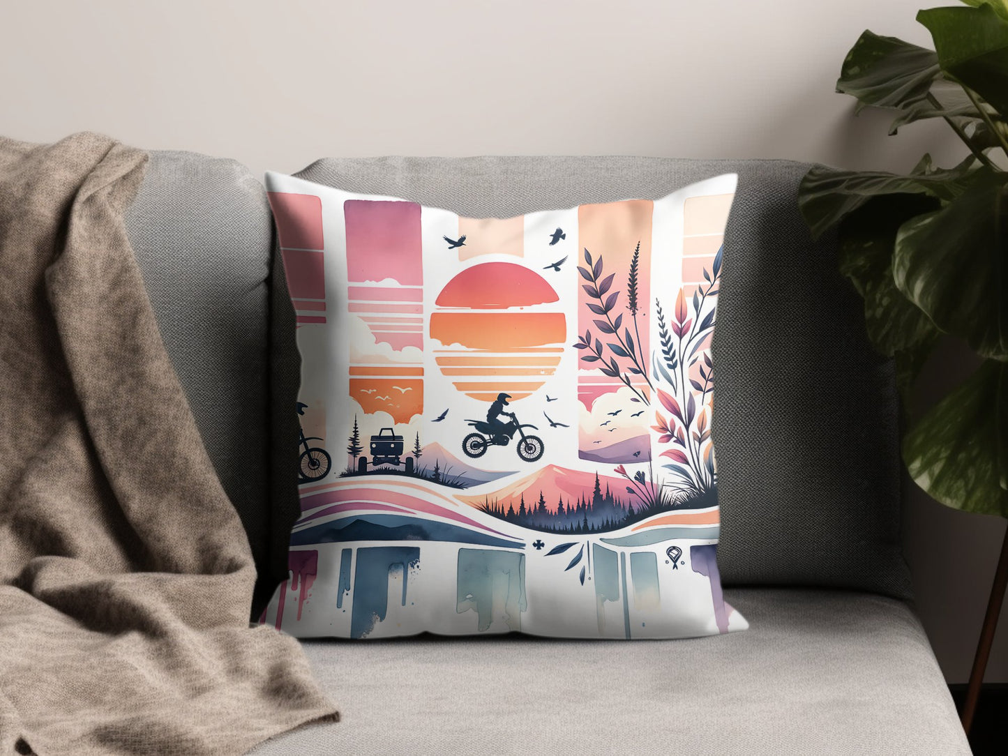 Colorful Sunset Scenic Pillow, Decorative Throw Couch Cushion, Nature Bike Graphic Design, Modern Home Decor, Artistic Sofa Accessory
