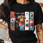 Patriotic Highland Cow T-Shirt, 4th of July Tee, Floral Farm Animal, American Flag, Summer Fashion Top for Women and Men