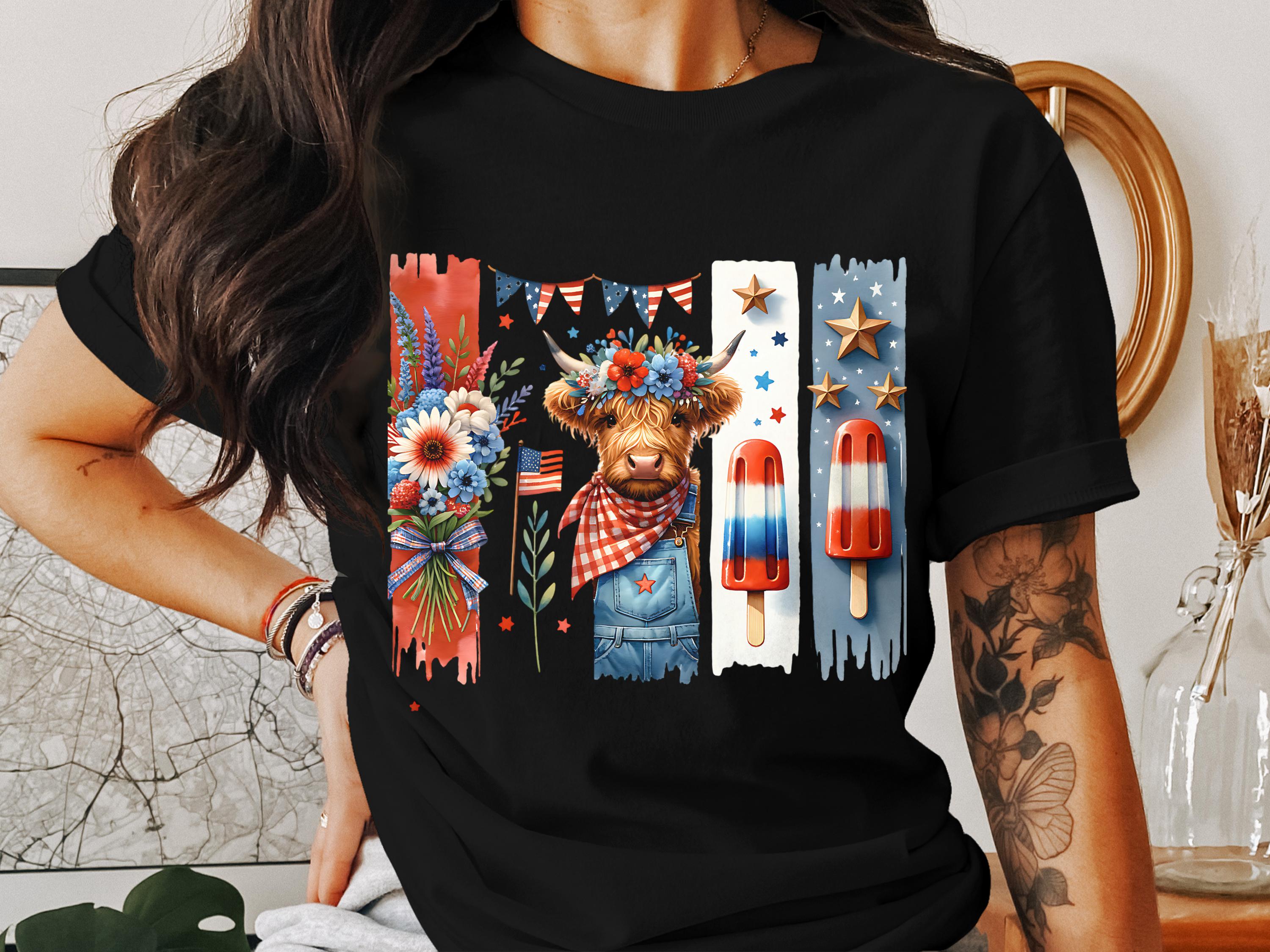 Patriotic Highland Cow T-Shirt, 4th of July Tee, Floral Farm Animal, American Flag, Summer Fashion Top for Women and Men