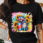 Colorful Raccoon Graphic T-Shirt, Cute Animal with Energy Drink, Sunflowers, Heart Sunglasses, Unisex Black Tee