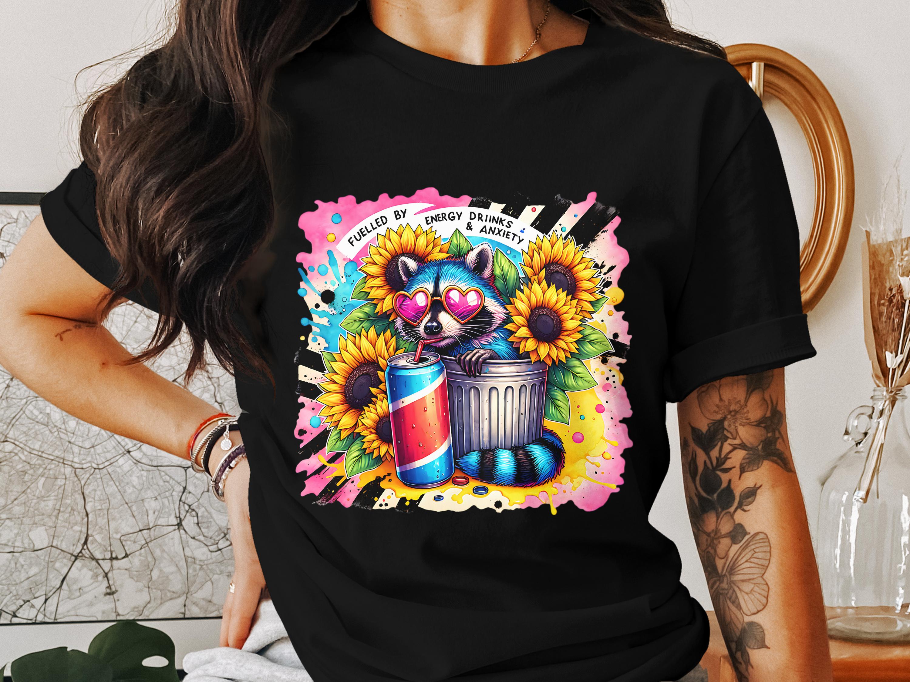 Colorful Raccoon Graphic T-Shirt, Cute Animal with Energy Drink, Sunflowers, Heart Sunglasses, Unisex Black Tee