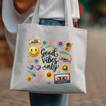Canvas Tote Bag with Retro Smiley Faces, Cassette Tapes, Floral Designs - Reusable 'Good Vibes Only' Shopping Bag