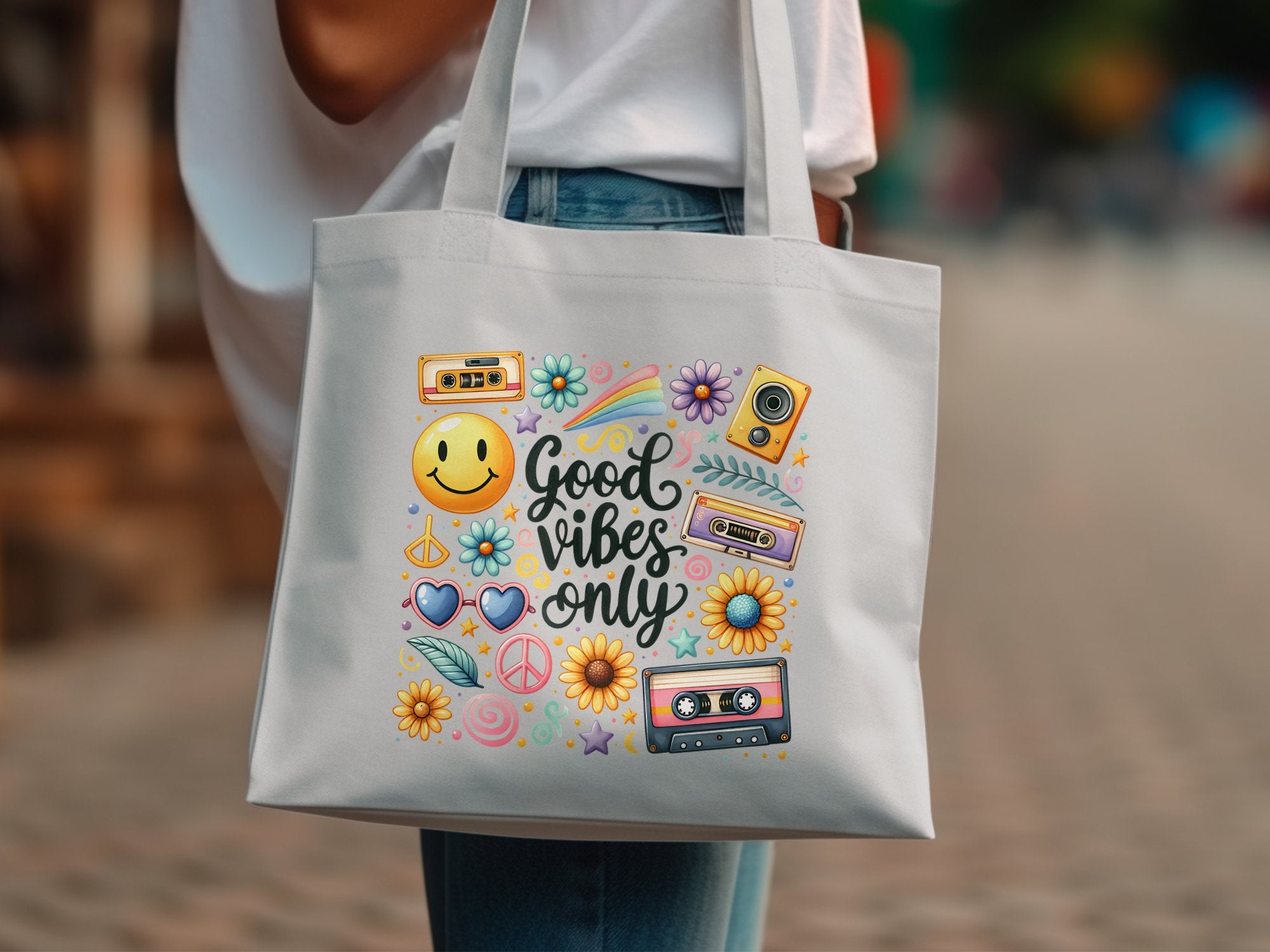 Canvas Tote Bag with Retro Smiley Faces, Cassette Tapes, Floral Designs - Reusable 'Good Vibes Only' Shopping Bag