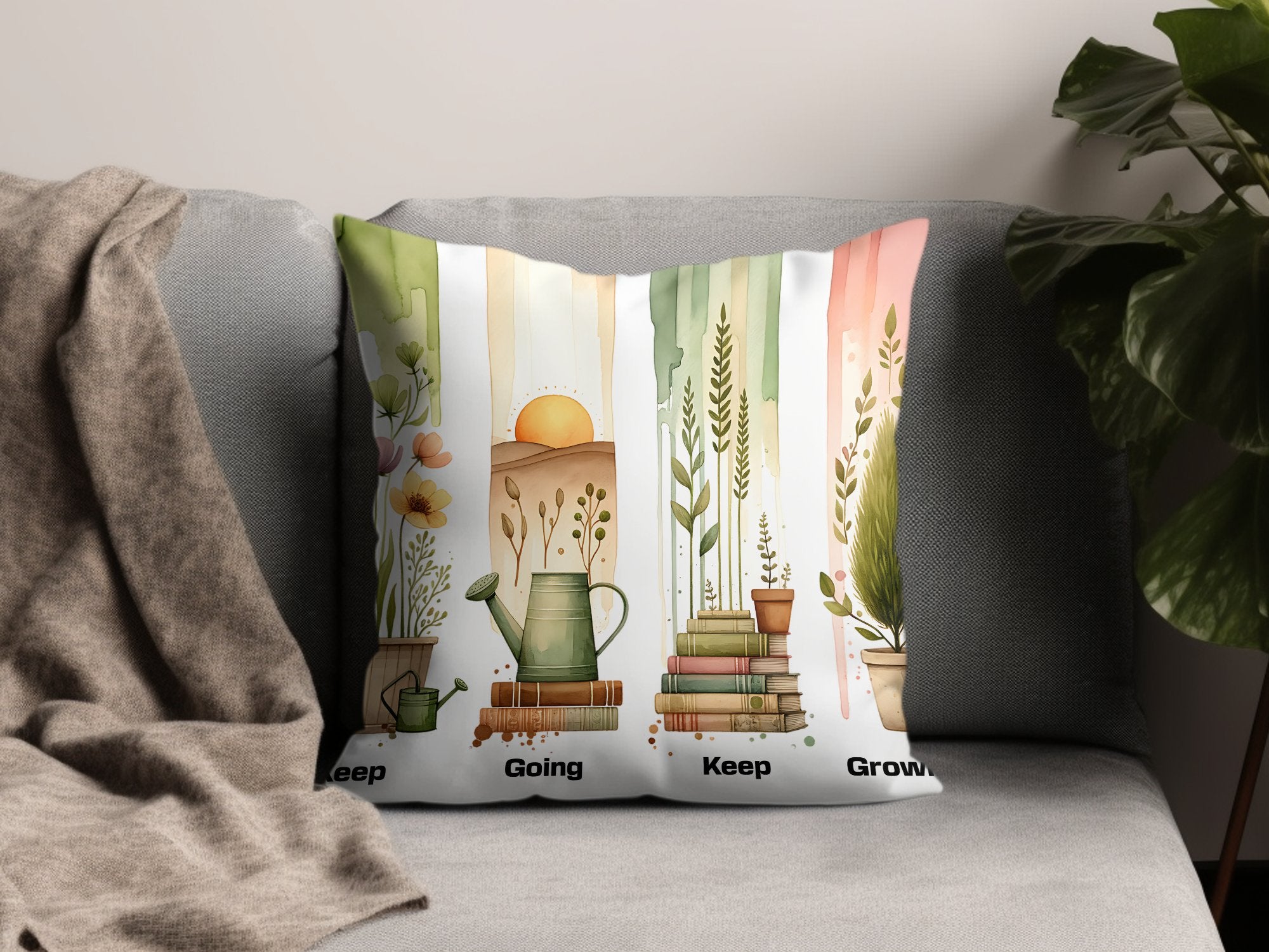 Decorative Throw Pillow with Botanical Print, Cozy Home Decor, Green and Beige, Plant Illustration