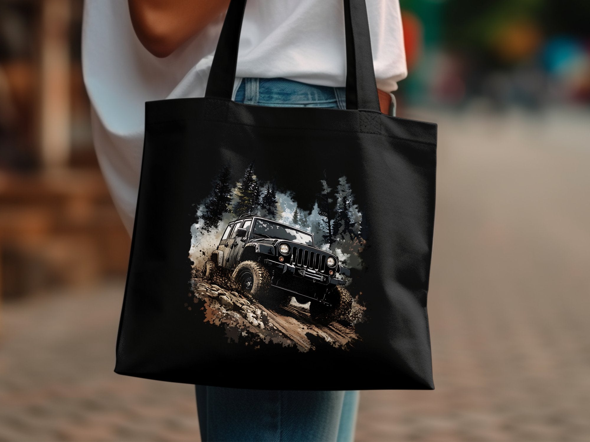 Off-Road Jeep Graphic Tote Bag, Durable Canvas Shoulder Bag, Adventure Car Print, Outdoor Enthusiast, Black Eco-Friendly Shopping Bag