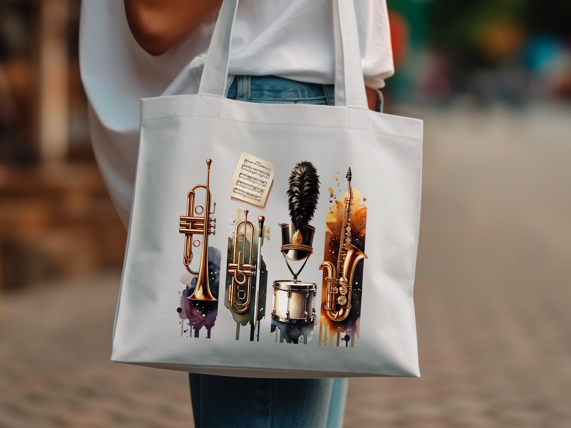Colorful Musical Instruments Art Tote Bag, Watercolor Saxophone Trumpet Design, Stylish Music Lover Gift, Unique Carryall