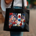 Patriotic Tote Bag, Vintage Car and American Flag Design, Floral and Star Elements, Stylish All-Purpose Bag