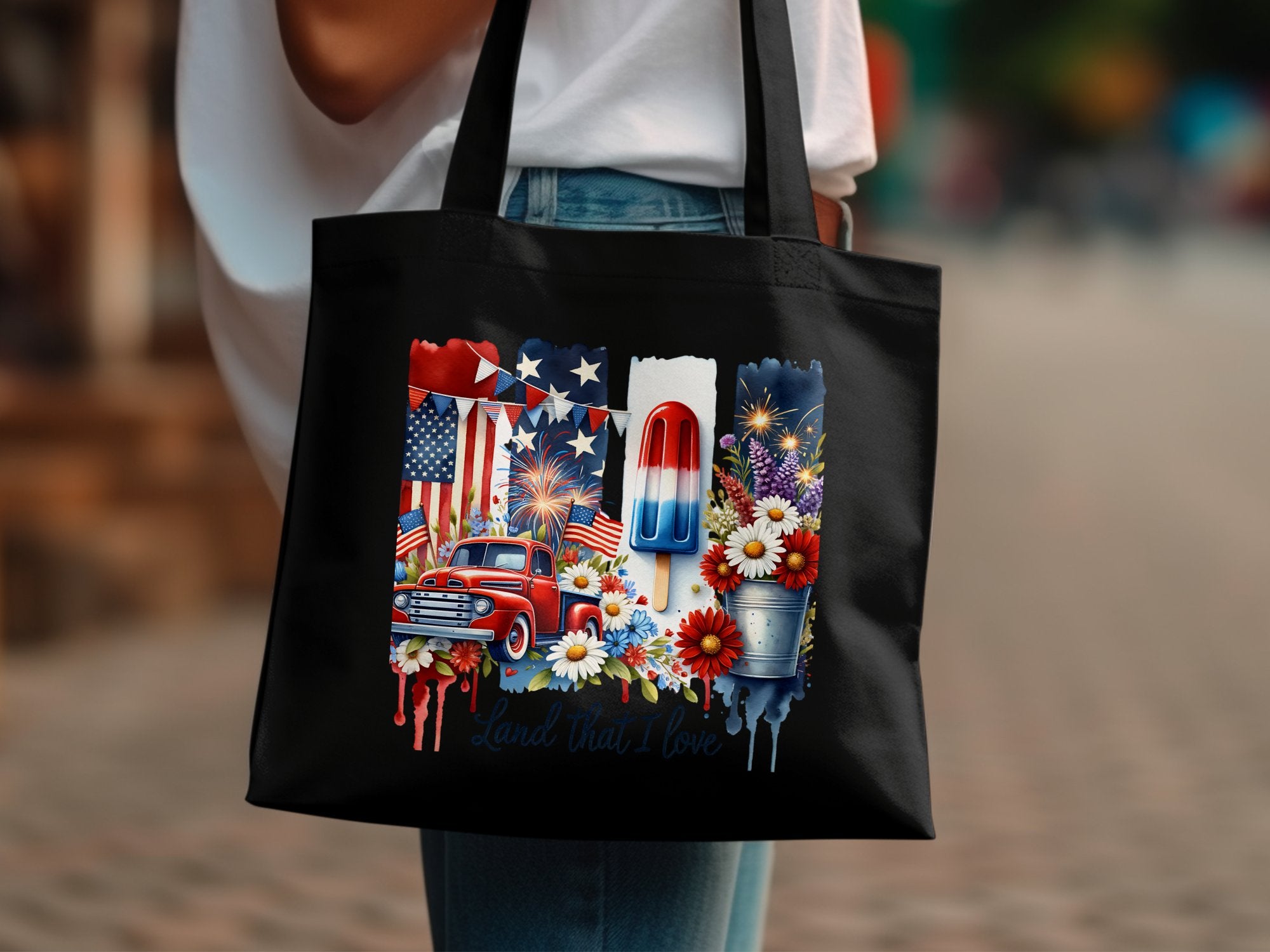 Patriotic Tote Bag, Vintage Car and American Flag Design, Floral and Star Elements, Stylish All-Purpose Bag