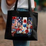 Patriotic Tote Bag, Vintage Car and American Flag Design, Floral and Star Elements, Stylish All-Purpose Bag