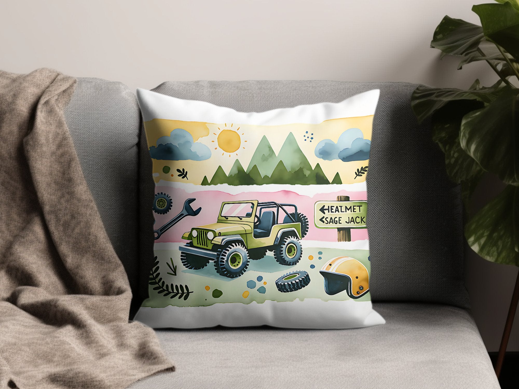 Colorful Outdoor Adventure Throw Pillow, Kids Room Decor, Cartoon Jeep and Mountains Design, Decorative Cushion