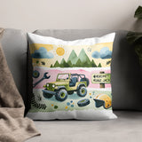 Colorful Outdoor Adventure Throw Pillow, Kids Room Decor, Cartoon Jeep and Mountains Design, Decorative Cushion