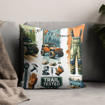Outdoor Adventure Throw Pillow, Jeep and Camping Gear Design, Trail Tested Cushion Cover for Sofa Decor