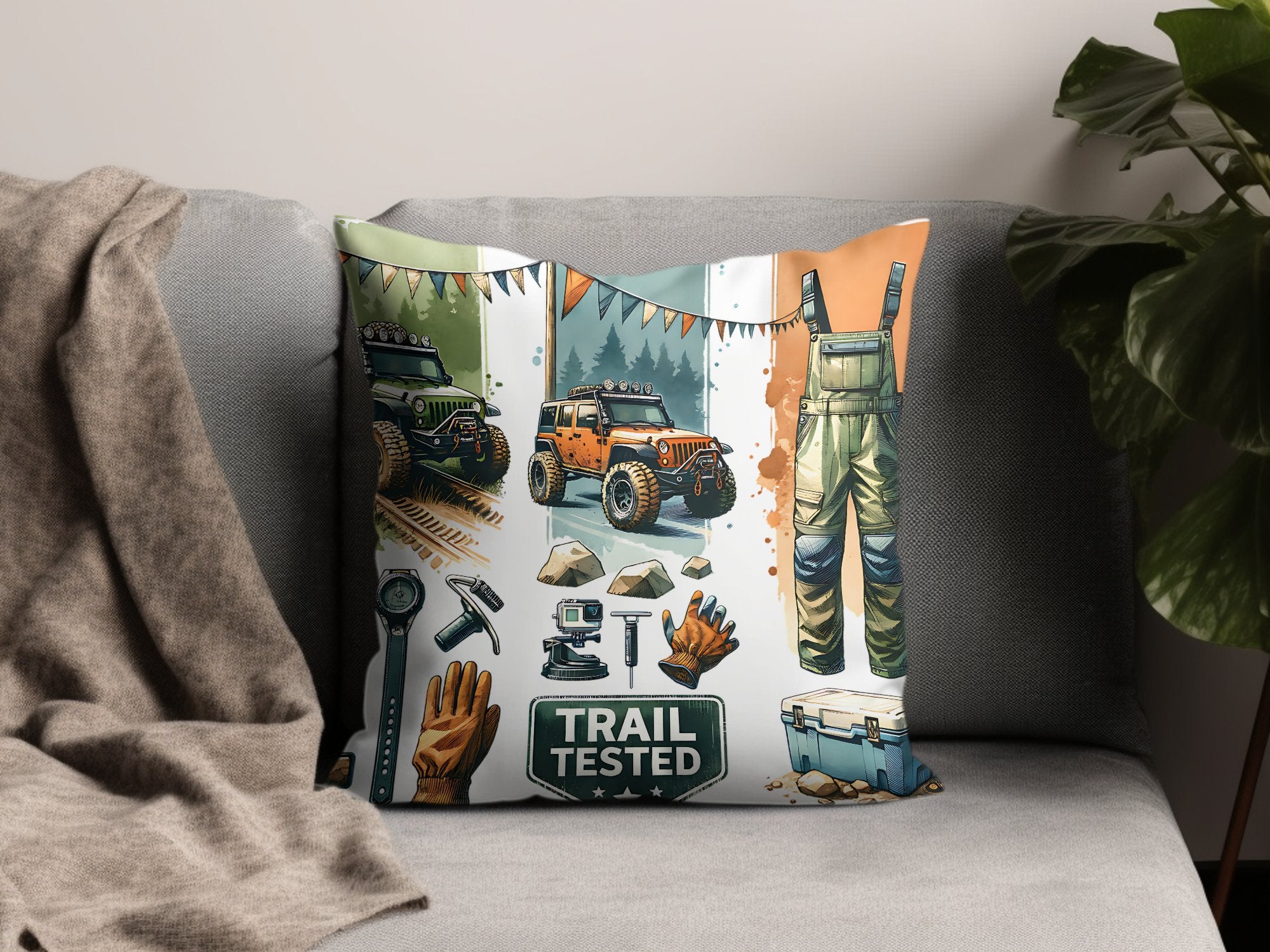 Outdoor Adventure Throw Pillow, Jeep and Camping Gear Design, Trail Tested Cushion Cover for Sofa Decor
