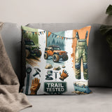 Outdoor Adventure Throw Pillow, Jeep and Camping Gear Design, Trail Tested Cushion Cover for Sofa Decor