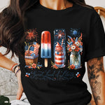 Patriotic T-Shirt, 4th of July Tee, American Flag, Fireworks, Summer BBQ Party, Women's Fashion Top