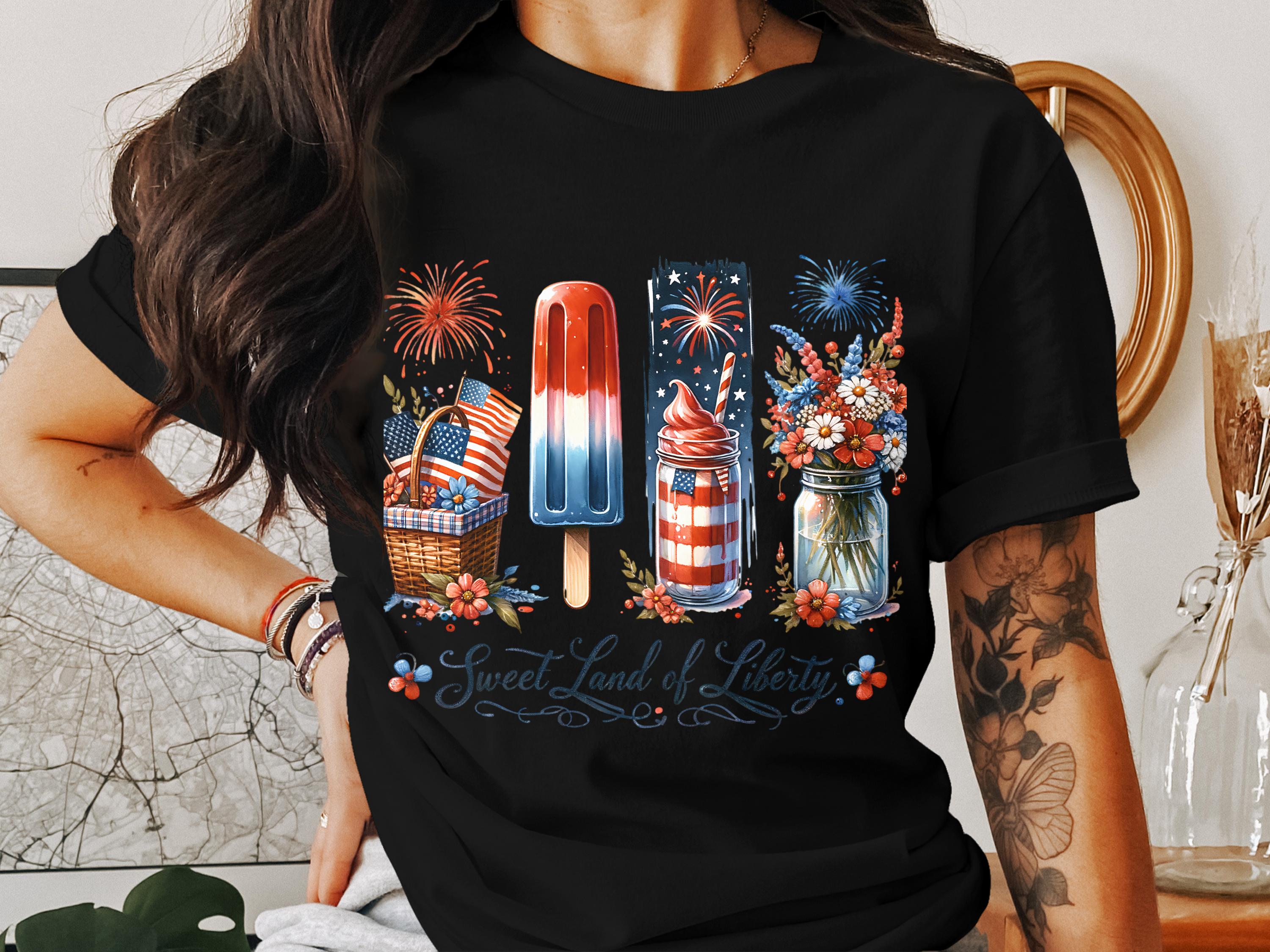Patriotic T-Shirt, 4th of July Tee, American Flag, Fireworks, Summer BBQ Party, Women's Fashion Top