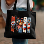 Trendy Black Tote Bag with Colorful Print, Artistic Lion Design, Stylish Floral and Patriotic Elements