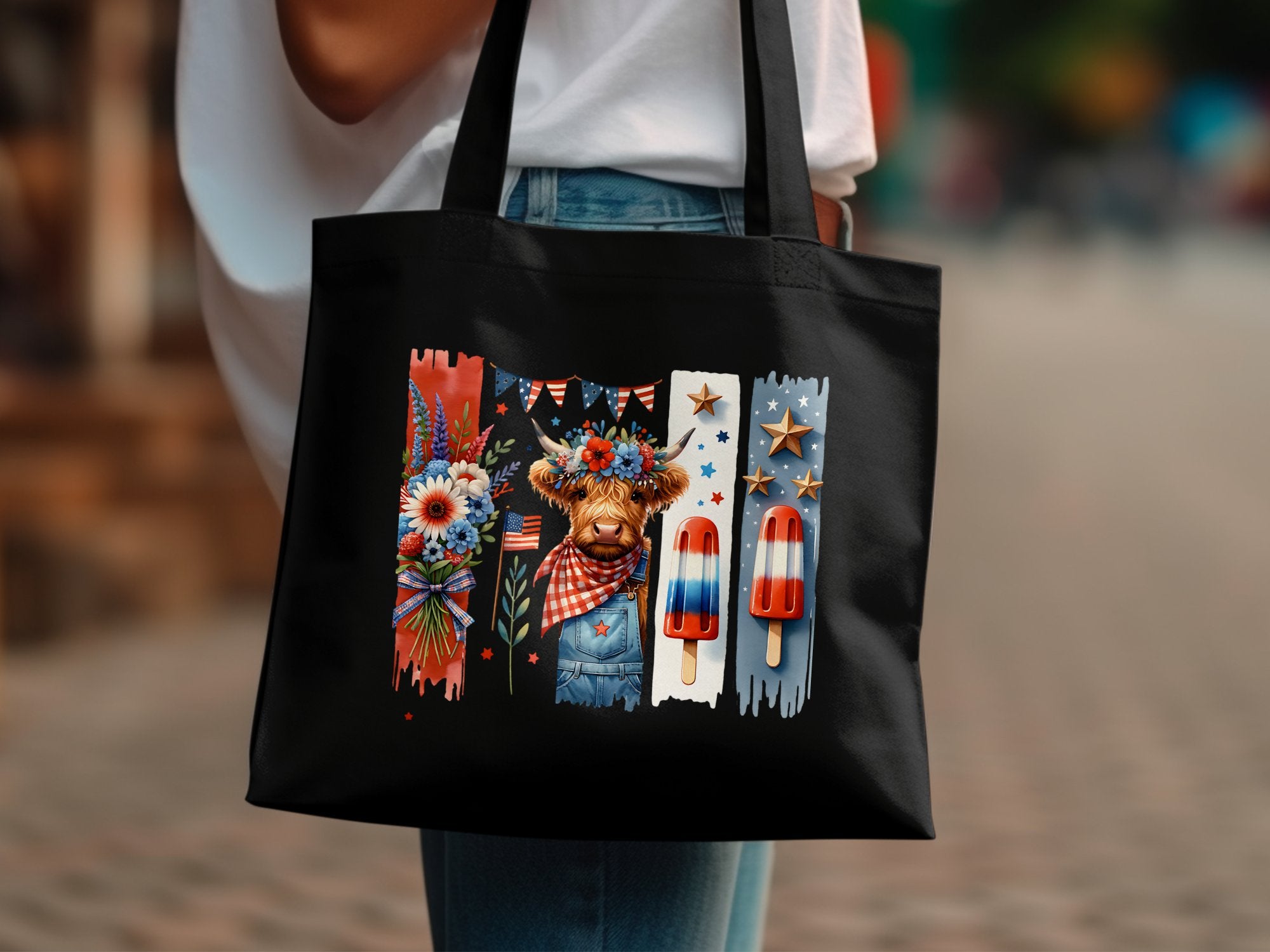 Trendy Black Tote Bag with Colorful Print, Artistic Lion Design, Stylish Floral and Patriotic Elements