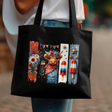 Trendy Black Tote Bag with Colorful Print, Artistic Lion Design, Stylish Floral and Patriotic Elements