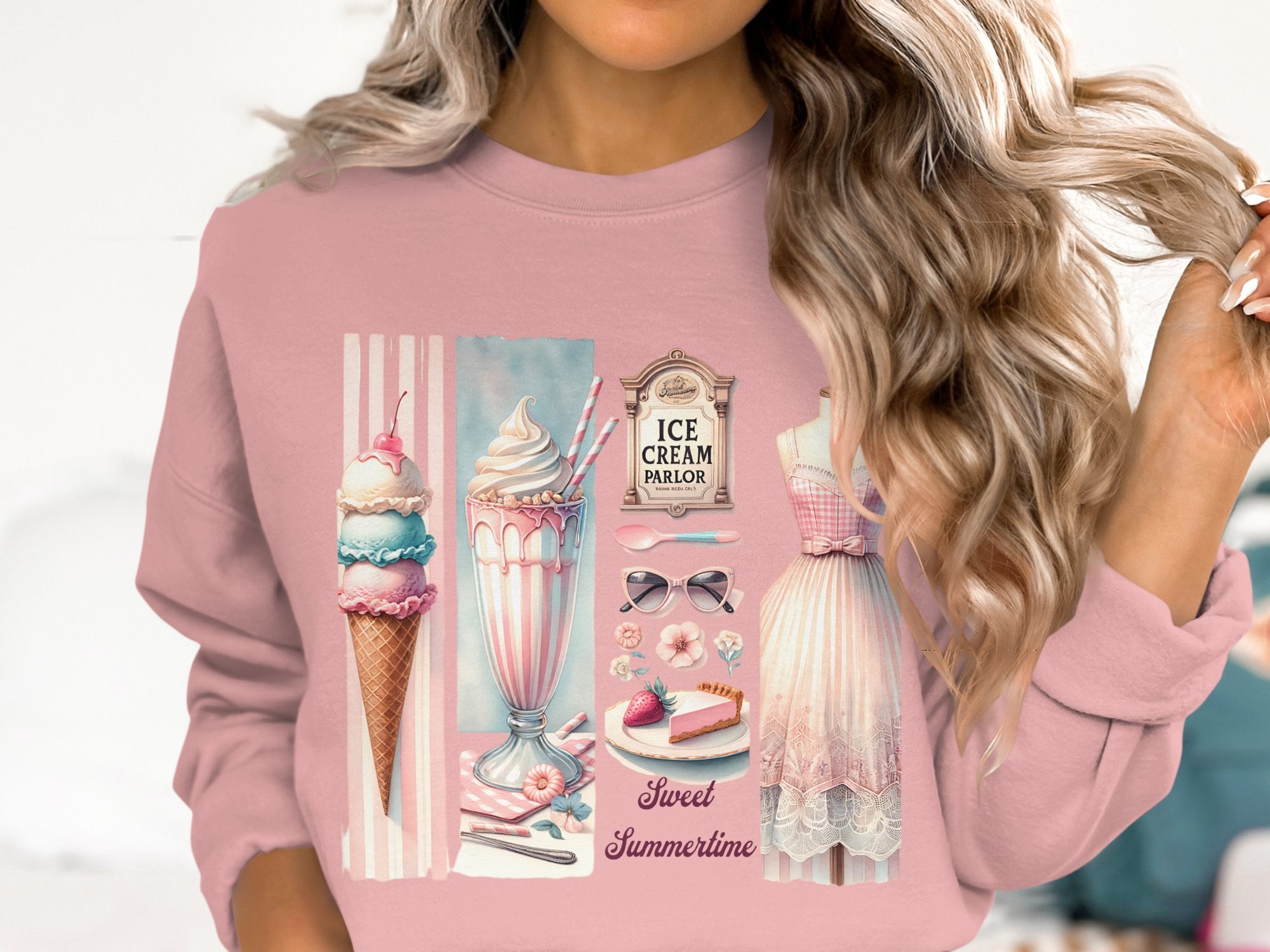 Vintage Ice Cream Parlor Graphic Sweatshirt, Retro Sweet Summertime Design, Casual Women's Fashion Pullover