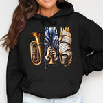 Music Lovers Hoodie with Brass Instruments and Microphones Design, Unisex Black Sweatshirt for Musicians and Singers